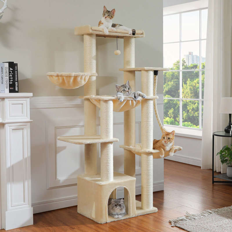 Tour pour chat 67 grands chats d'intérieur pour adultes avec 7 poteaux à griffer épais, condo à plusieurs niveaux, grand perchoir et hamacs