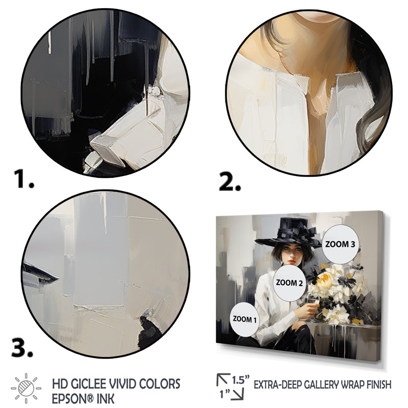 Élégance, portrait en mode monochrome I - art mural Chanel, Cadre d'angle fermé noir, H 34 po x l 44 po x P 1,5 po