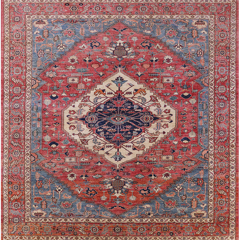 Tapis oriental rouge et bleu, Carré 7 pi