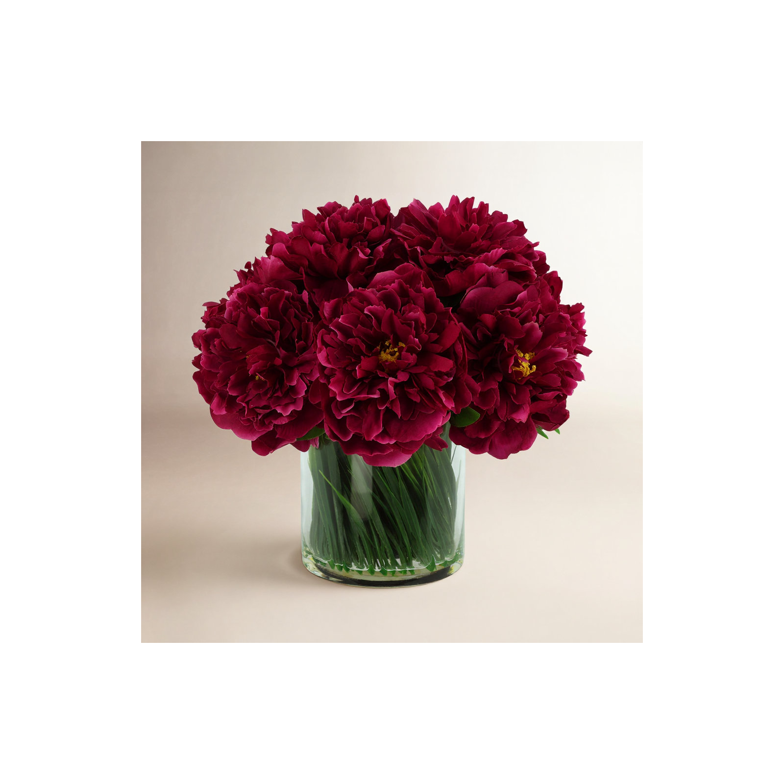 Faux Peony Arrangement in a Glass Vase, Dark Magenta
