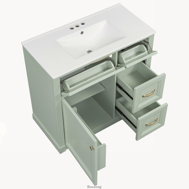Meuble-lavabo autoportant de 36 po avec comptoir d'évier, armoire en panneau de fibres à densité moyenne avec 4 tiroirs, porte à fermeture en douceur et tablette réglable, lavabo en céramique, vert