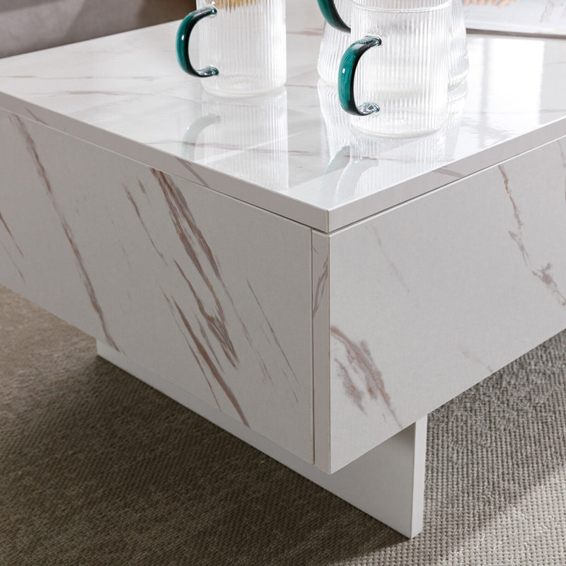 Khiry Sled Marble Rectangle High Gloss Coffee Table Elegant Center Table Side Table, White, 12.2" H x 42.5" L x 22" W
