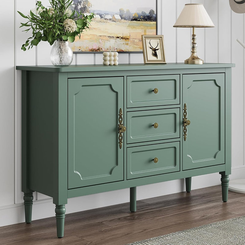 Buffet Mid-Century avec 2 portes, 3 tiroirs et tablettes réglables, vert