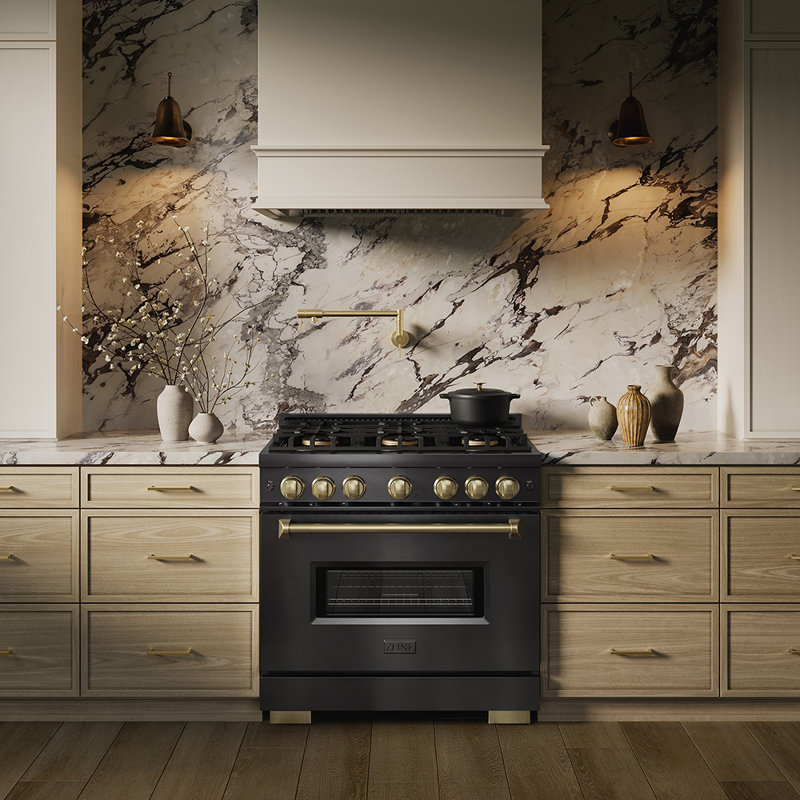 ZLINE Autograph 36 in. Classic Gas DuoPro Range in Satin Steel and Champagne Bronze Accents, Black Stainless Steel