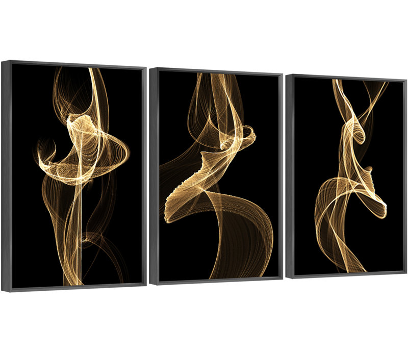 Abstrait, art mural, ensemble de 3 reproductions d'art sur toile encadrées, H 24,3 po x l 48,3 po x P 1,65 po, Noir