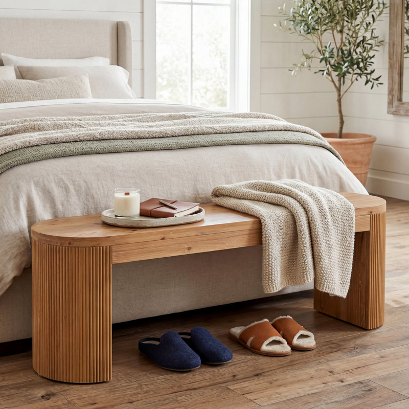 55.11-Inch Solid Wood Bench For Bedroom, Farmhouse End Of Bed Bench, Easy Assembly