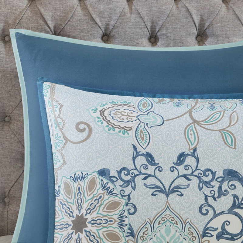Ensemble d'édredon réversible à imprimé floral en coton 8 pièces Blue King, Édredon très grand et 7 pièces supplémentaires