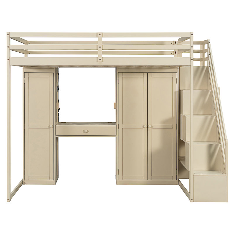Lit mezzanine double avec escalier de rangement, Beige