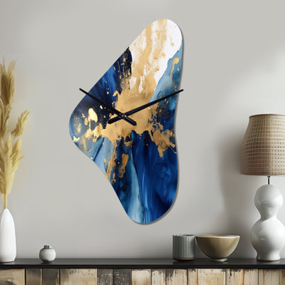 Dark Blue and Gold Strokes VIII - Fractals Asymmetrical Metal Clock, Blue Unique Shape Metal Clock Print