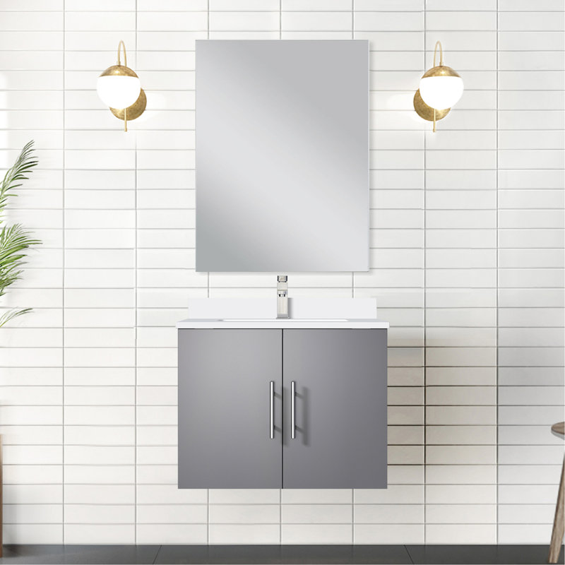 Meuble-lavabo gris foncé 24 po L 22 po x P, comptoir en quartz blanc et robinet inclus, meuble-lavabo avec surface de travail à miroir et surface de travail 18 po