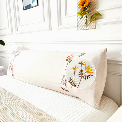 Spring Blossom Body Pillow Cover - Floral Embroidered Beige Body Pillowcase with Pocket Closure - Soft Cream Flower Pattern Bedding