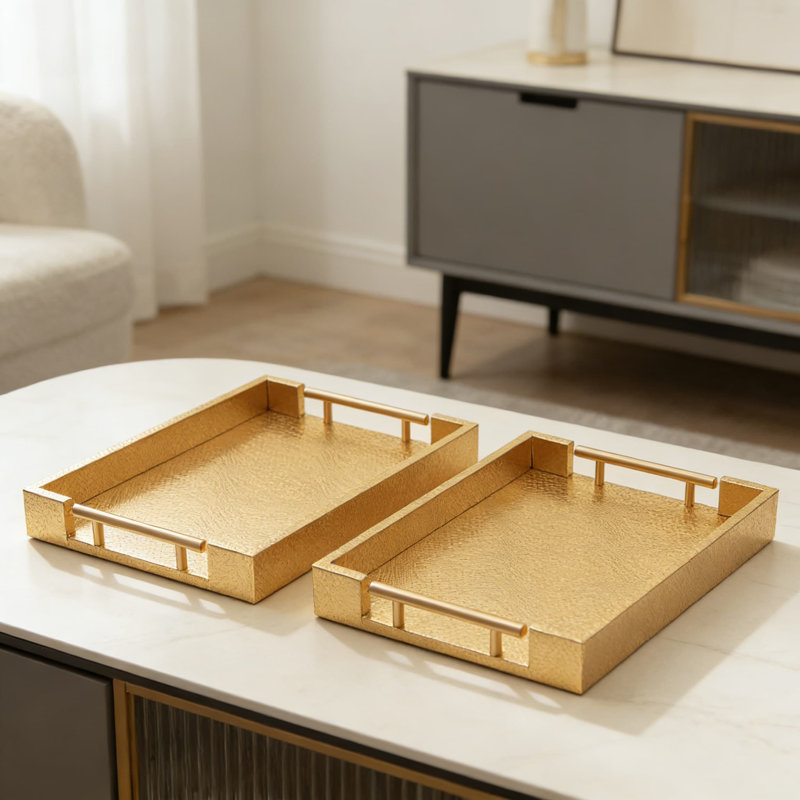 Woven Leather Ottoman Tray Set With Gold Handles, Rectangular Serving Trays For Living Room And Coffee Table, Decorative Home Organization Set