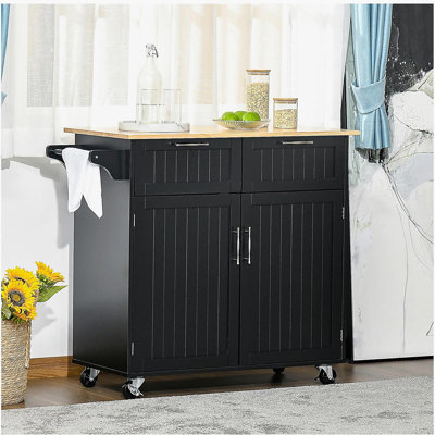 Chariot pour îlot de cuisine pivotant de 41 po, plateau en bois d'hévéa avec tiroirs, chariot de rangement multifonctionnel, noir