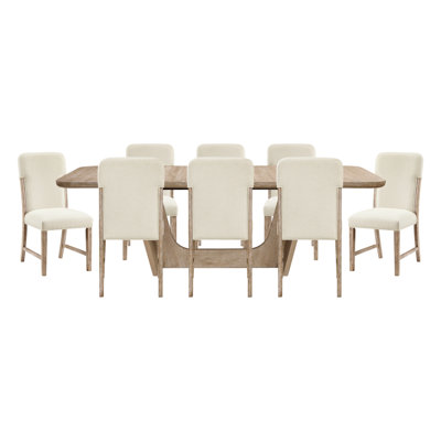 Beautiful Natural Finish Dining Set 9pc Extendable Table Upholstered Chairs Beige Modern Farmhouse Dining Room Furniture
