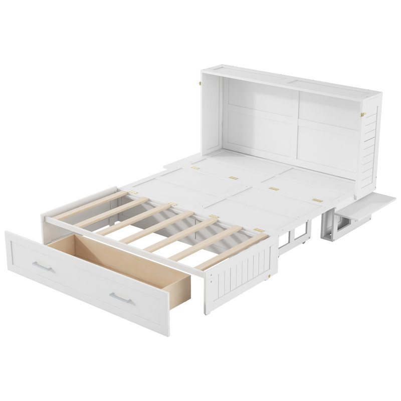 Grand lit escamotable mobile blanc avec tiroir de rangement et tablettes latérales doubles, lit mural pliable pour chambre d'amis ou bureau