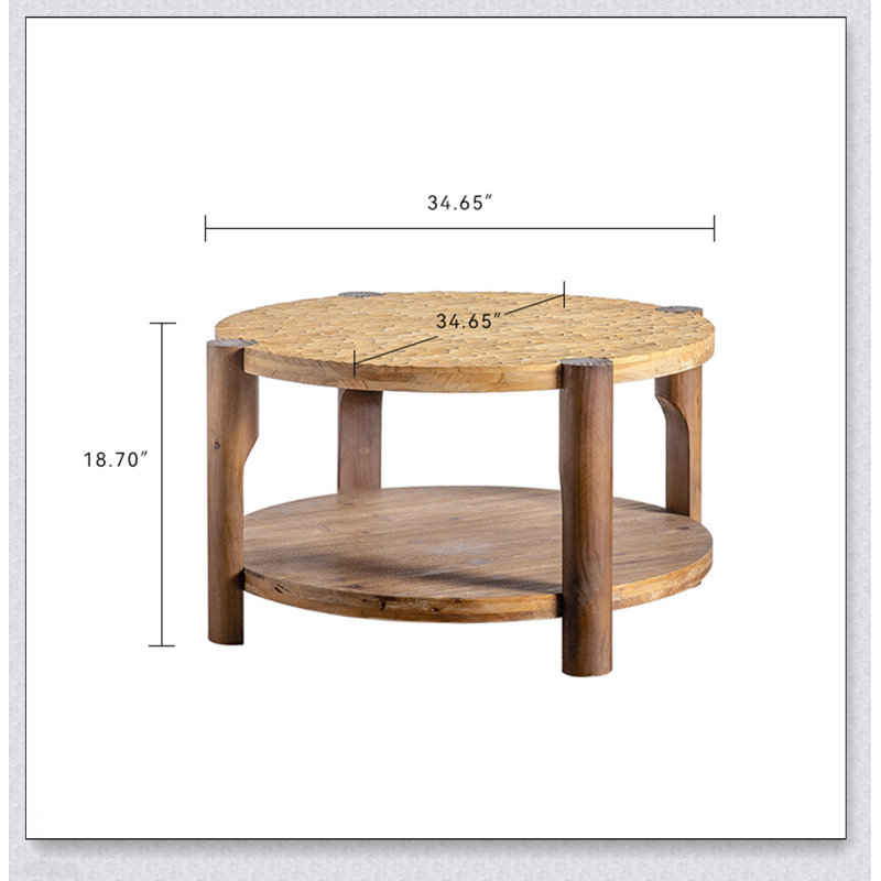 Table basse ronde en bois massif pour le salon, conception à 2 niveaux avec tablette de rangement, style Mid-Century moderne, facile à assembler