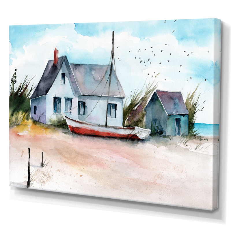 Maison et bateau sur une plage - Peinture sur toile, H 30 po x l 40 po, Toile tendue