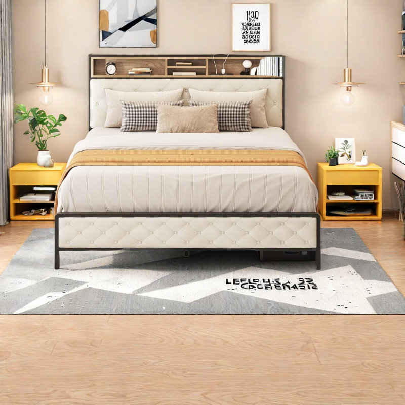 Space-saving Queen Beds, Beige Metal Platform With Storage