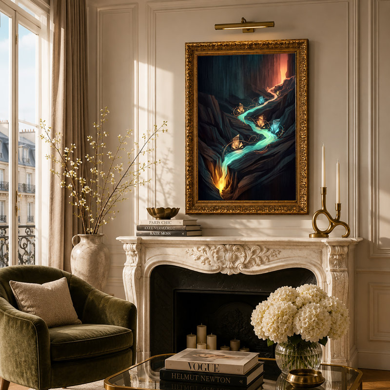 «Blue and Gold Crystals long Glowing River In Dark Canyon», art mural sur toile, 30"H x 20"W