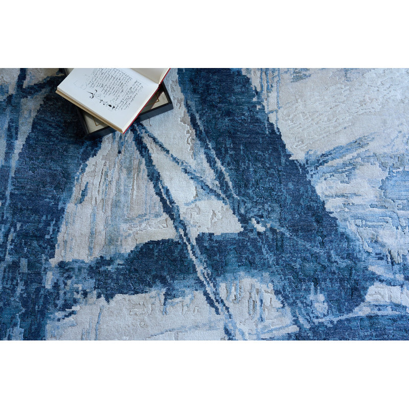 Rectangle Floor Art Abstract Hand-Knotted Bamboo Slat/Seagrass Area Rug in Ivory/Dark Blue, Rectangle 8' x 10'