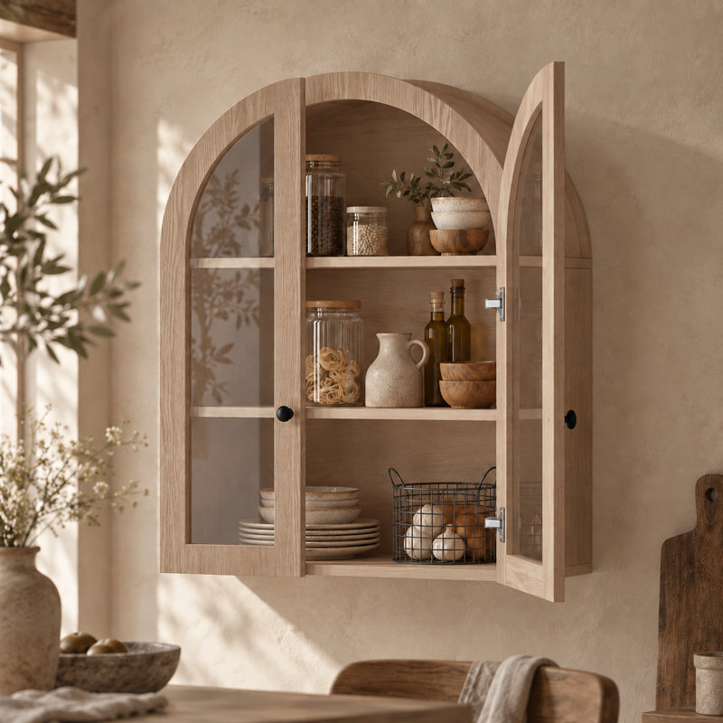 Armoire murale moderne de style ferme avec porte vitrée cintrée et étagère réglable, idéale pour salle de bain, buanderie et entrée.