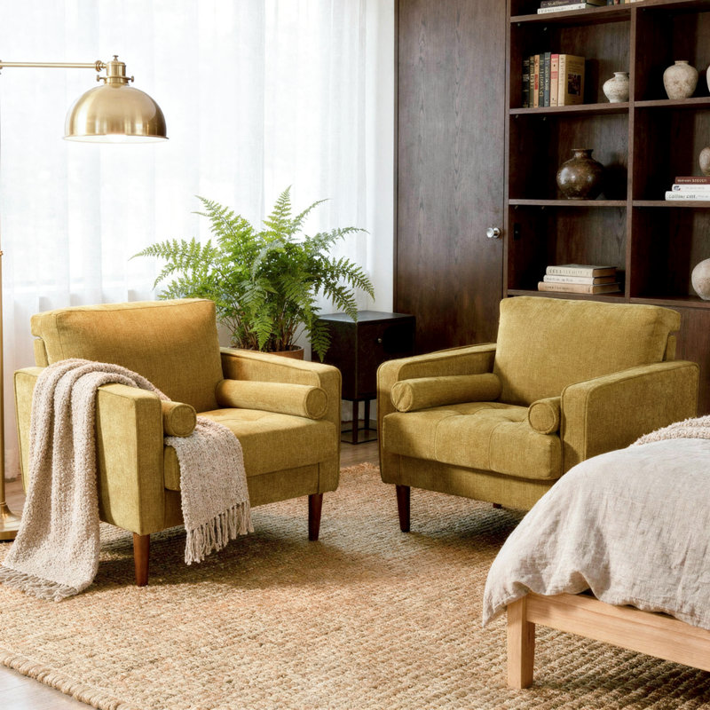 Fauteuil club capitonné en chenille à accoudoirs carrés avec 2 coussins, Jaune