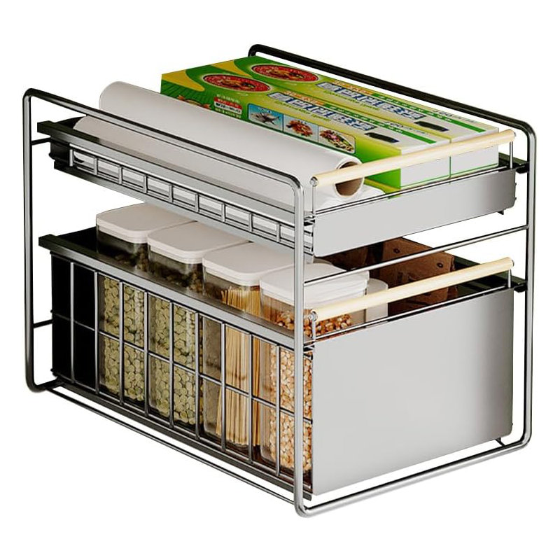 2-Tier Stainless Steel Pull Out Cabinet Organizer,Heavy Duty Chrome Plated Wire Basket With Shelf Liner for Kitchen Cabinets Pantry Storage Under Sink,40 x 28 x 39cm