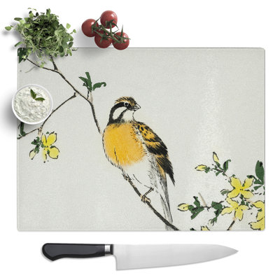 Meadow Bunting Bird & Yellow Flowers By Numata Kashu  Glass Chopping Board