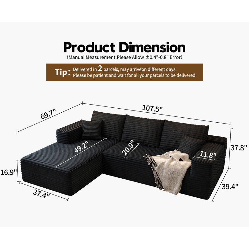 107.5"Cloud Modular Sectional Sofa Couch with L-Shape Chaise,Modern Minimalist Upholstered Couches for Living Room Bedroom,Deep Seat Corner Couch,No Assembly Required