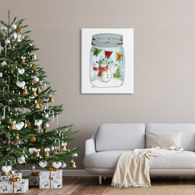 Joyeux bonhomme de neige avec bonhomme de neige et lumières d'arbre de Noël par Livi Finn - Peinture