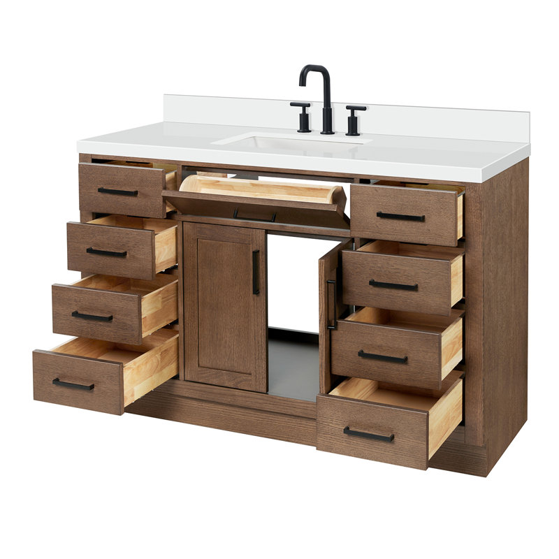 Meuble-lavabo simple en bois massif 54 po avec lavabo à quartz blanc 1,5 po Thornaby, Forme rectangulaire