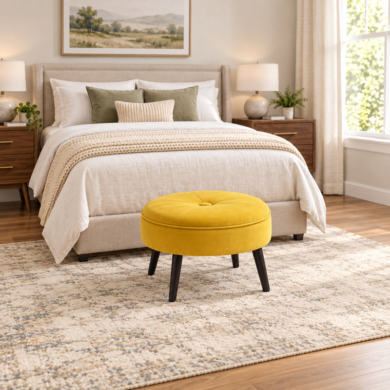 23" Round Velvet Upholstered Ottoman with Wooden Legs, Yellow Microfiber/Microsuede, Black