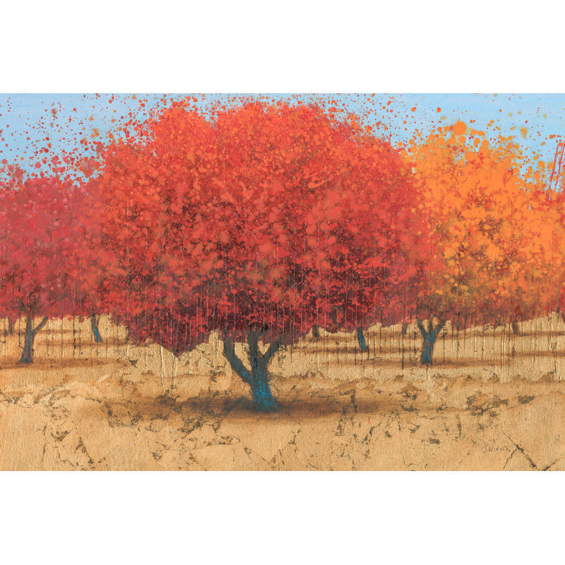 Oranges rouges, sol brun clair, doré, reproduction de peinture, brun, noir, forêt, rouge vif, ciel bleu