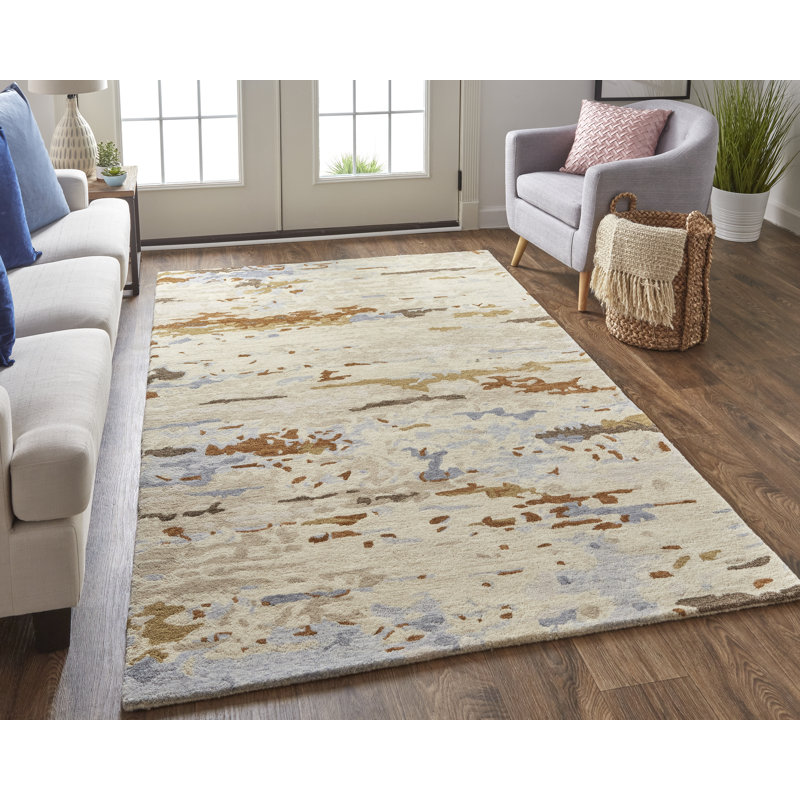 Casual Abstract, Ivory/Blue/Brown Area Rug, Rectangle 5' x 8'