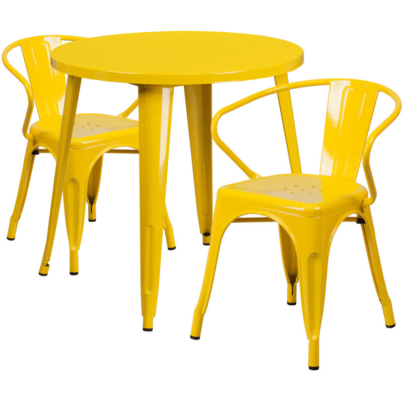 Duluth 30'' Round Metal Indoor-Outdoor Table Set with 2 Arm Chairs, Yellow, 29.50" H x 30" W x 30" L