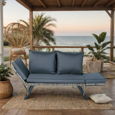 1PC Grey Wicker Patio Side Bench with Dark Grey Cushion Indoor/Outdoor Conversation Set for Backyard, Lawn & Porch by Latitude Run