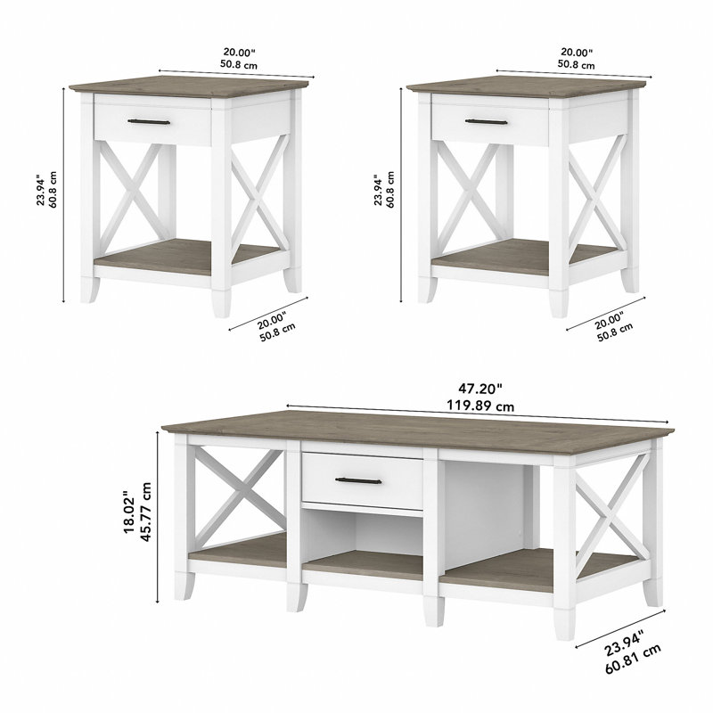 Ensemble de tables basses 3 pièces Huckins, Gris Shiplap / blanc pur