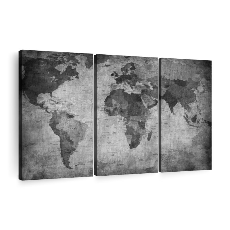Carte du monde monochromatique sur toile, ensemble de 3 pièces, H 42 po x l 65 po x P 1,25 po