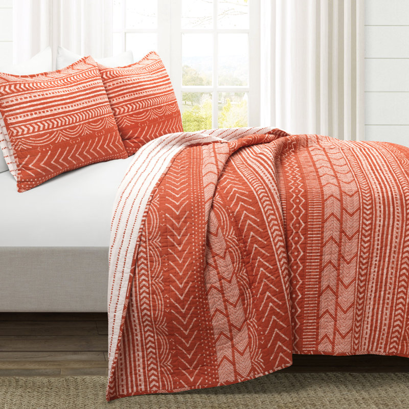 Ensemble de courtepointe réversible moderne et contemporain en coton orange standard 3 pièces, Très grand