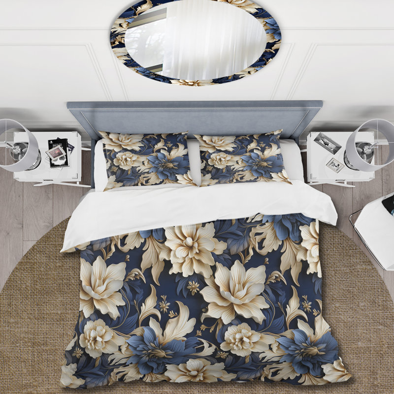 Ensemble de housse de couette damassé Fusion II beige et bleu, Housse de couette simple + 1 taie décorative stan