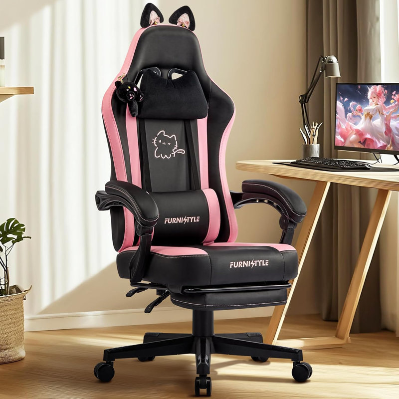 Gaming Chair Cute with Cat Ears & Ringing Accessories and  Lumbar Support, Ergonomic Computer Chair for Girl with Footrest  Headrest & Padded Arms