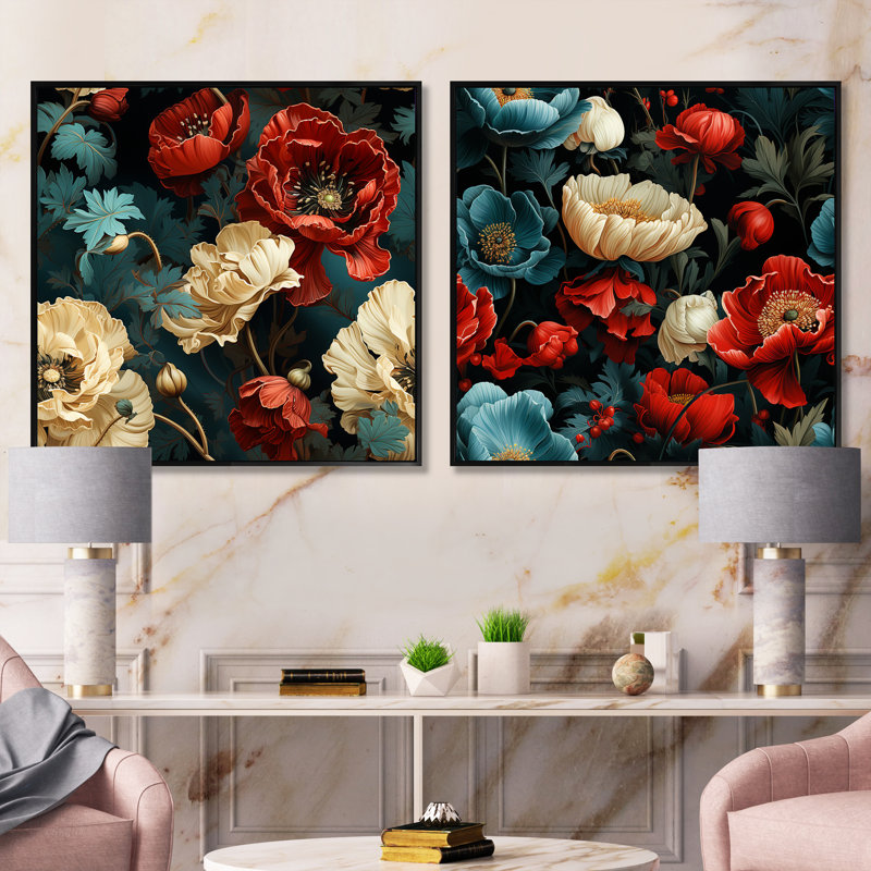 Ensemble de 2 collages carrés floraux rouge foncé et beige, Cadre flottant noir, H 16 po x l 33 po