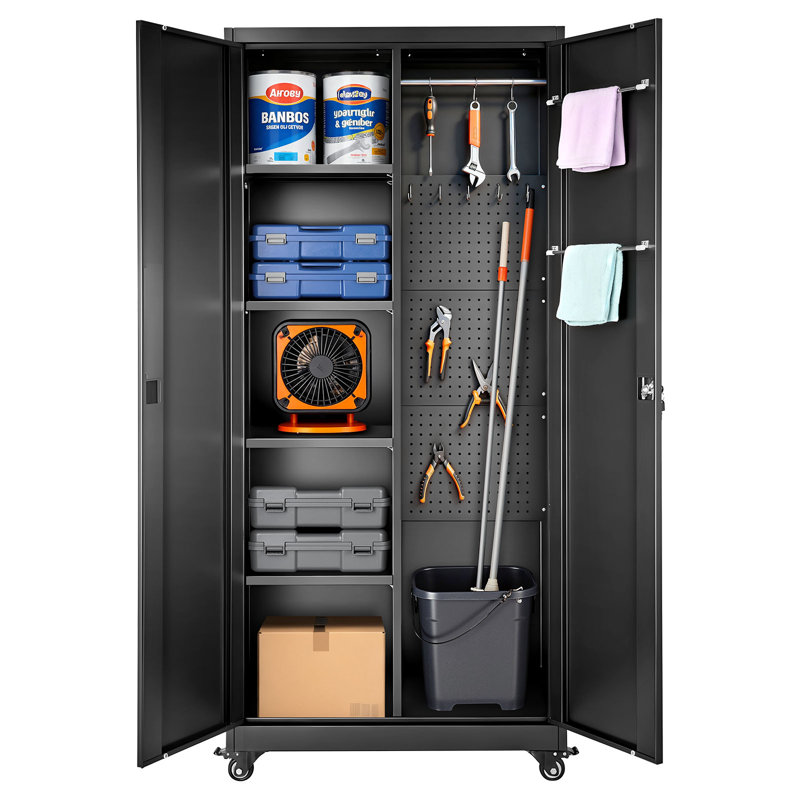 Metal Storage Cabinet, 70.6 in Rolling Steel Garage Cabinet with Adjustable Shelves, 2 Magnetic Doors, Hanging Rod & 3 Rod Hooks, 5 Tiers Lockable Tool Storage for Pantry, Warehouse, Basement