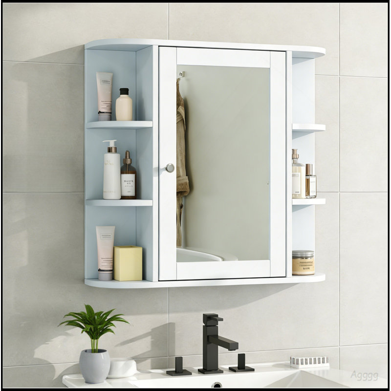 Bathroom Wall Storage Cabinet With Mirror, Medicine Cabinet With Adjustable Wood Shelf & Doors, Mounted Storage Cabinets With 6 Open Shelves, White