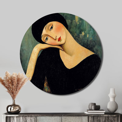Modernisme, portrait de femme pour le 19e siècle - reproduction d'art moderne en métal rouge, art mural rond en métal femme