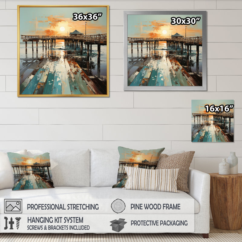 Coastal Pier Perspective Pointillism II - Nautical & Beach Wall Decor, H 30 po x l 30 po x P 1 po, Cadre photo argenté