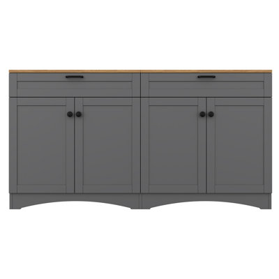 Farmhouse TV Stand with 2 Drawers & Adjustable Shelves, Wood Grain Sideboard with Rustic Handles, Mid-Century Buffet Cabinet for TVs up to 70", Grey