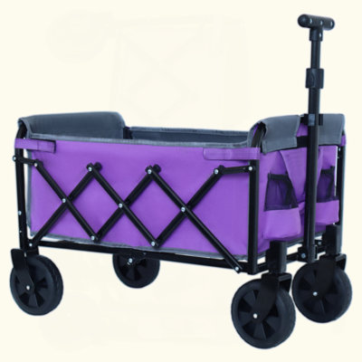 Chariot de camping pliable tout-en-un avec banquette, compartiment de rangement et attache pour chien