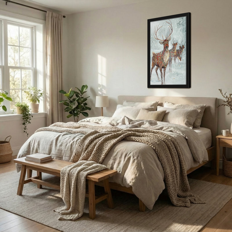 Animaux, renne dans la forêt enneigée avec décorations de Noël, H 18 po x l 12 po