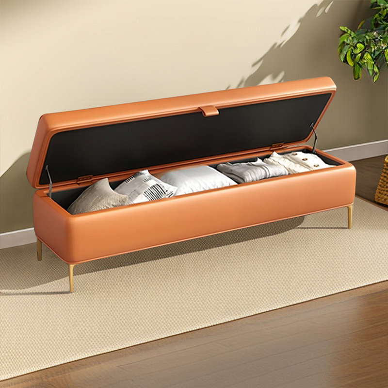 Orange Modern Solid Wood Upholstered  Bedroom and Entryway Long Storage Bench, Orange